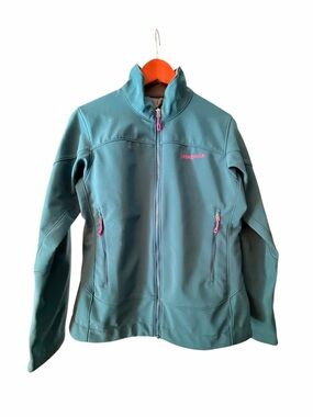 Patagonia Light Teal Softshell Jacket with Pink Embroidery